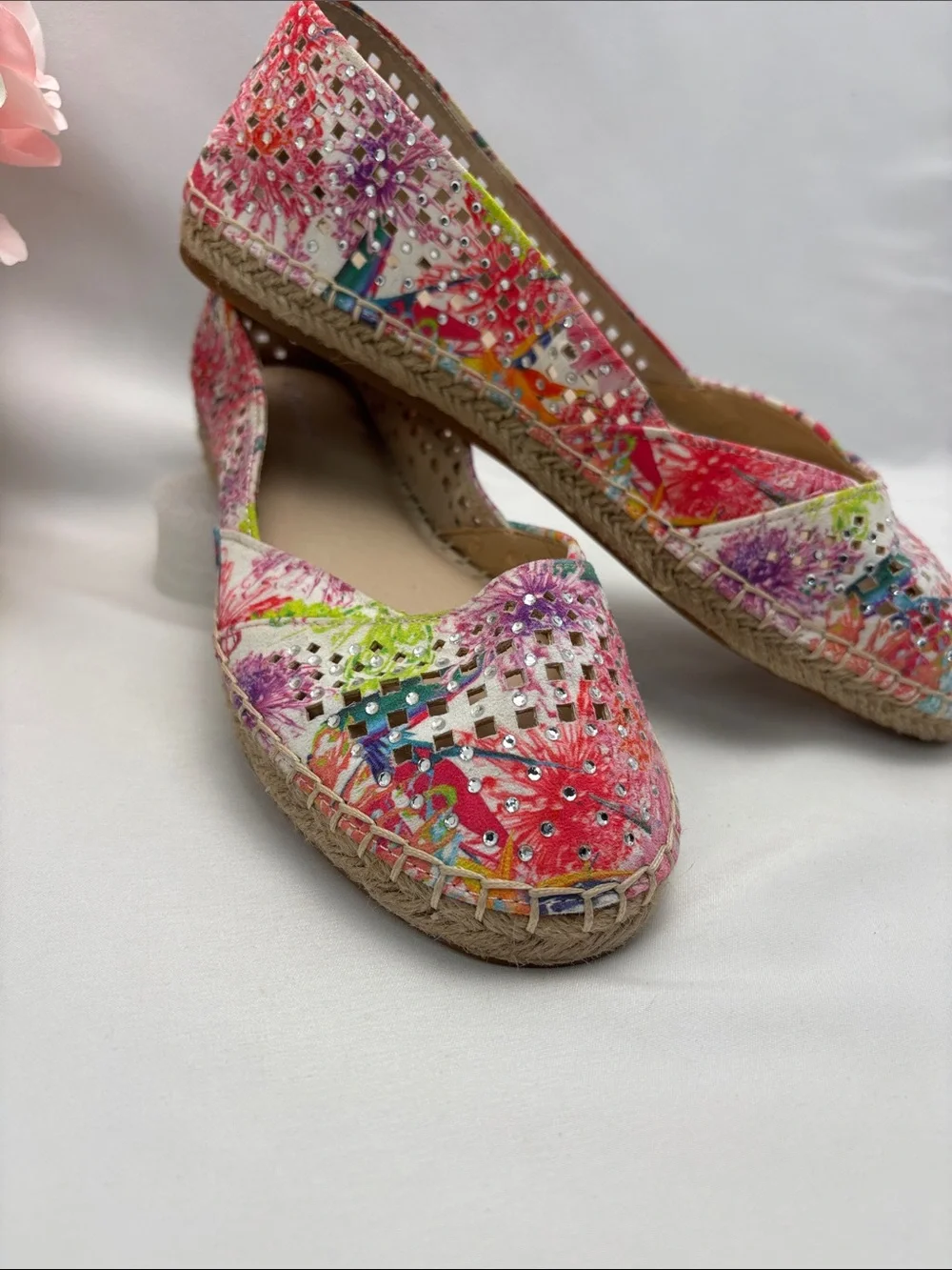 Gianni Bini Multicolor Floral‎ Rhinestone Espadrille Flats Women’s 8 #347